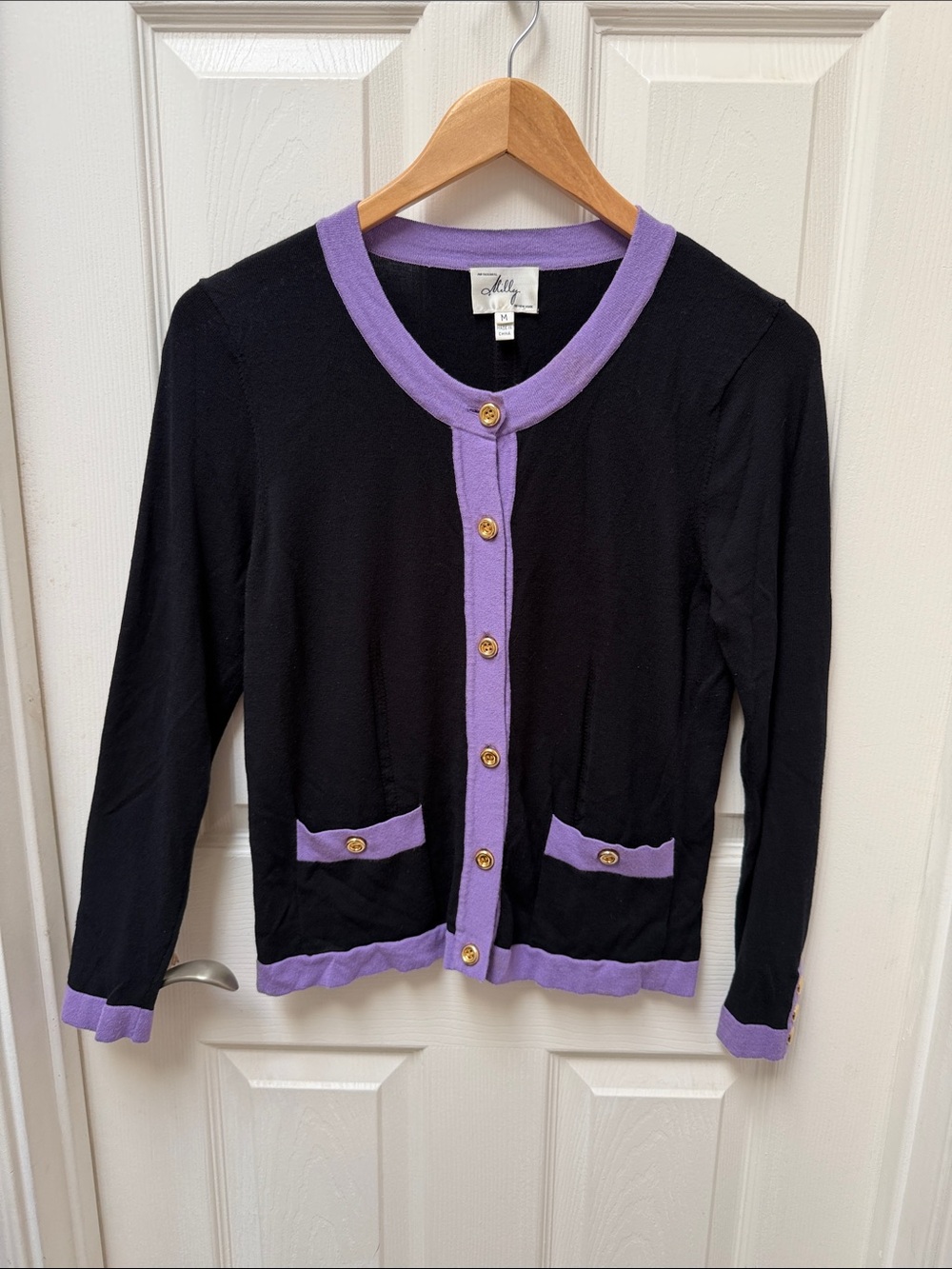 Milly of New York Black Cardigan with Lavender Trim & Gold Buttons